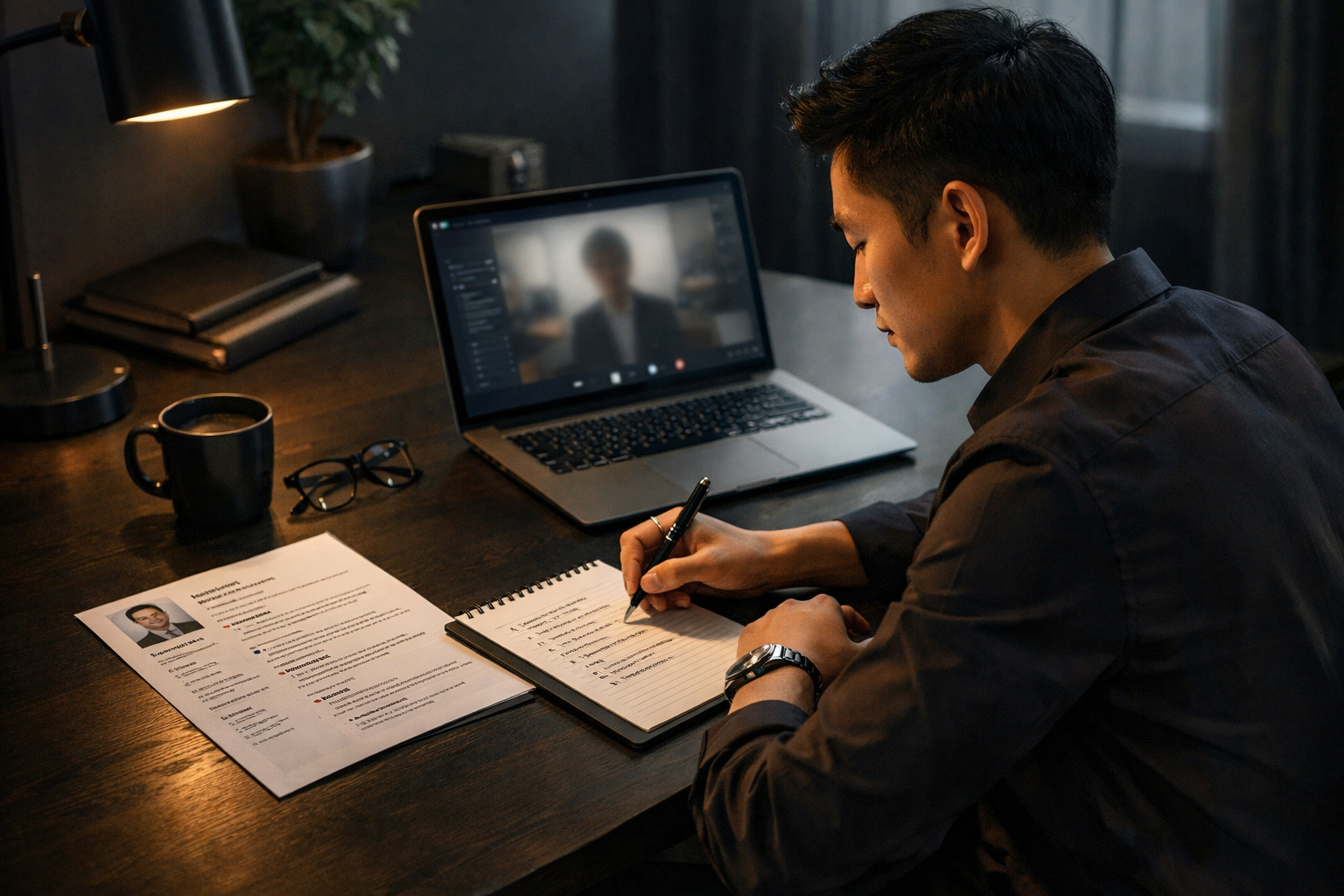 Job seeker reviewing notes and resume at a desk while preparing for a final round interview.