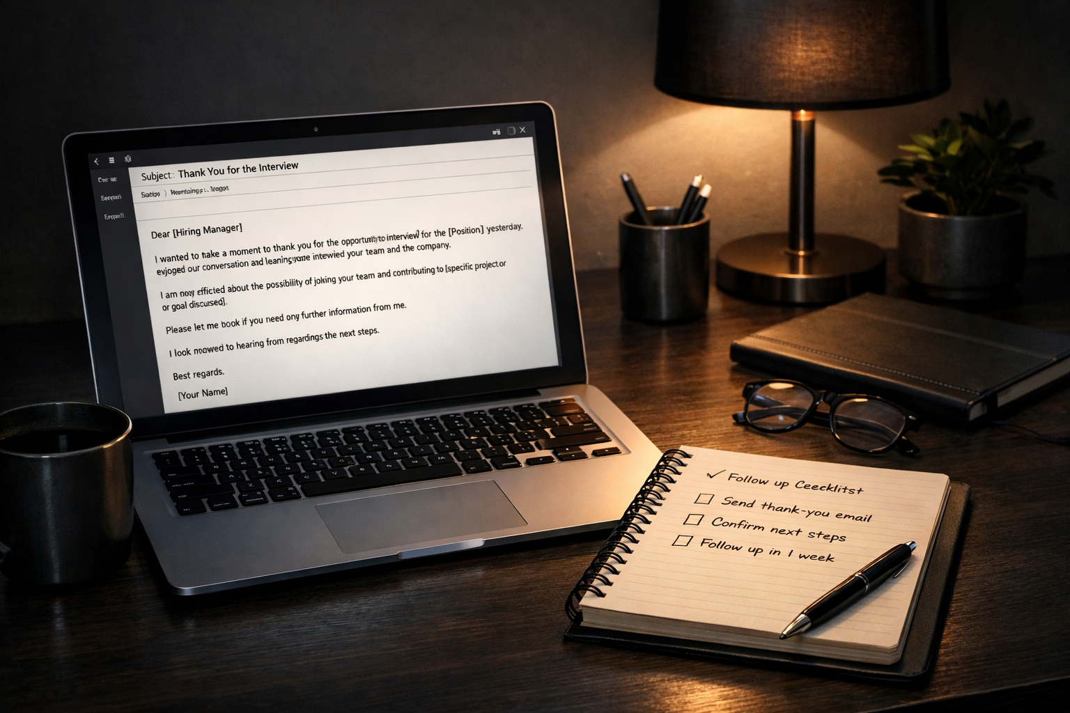 A calm workspace with a laptop showing a drafted interview thank-you email and notes beside it.