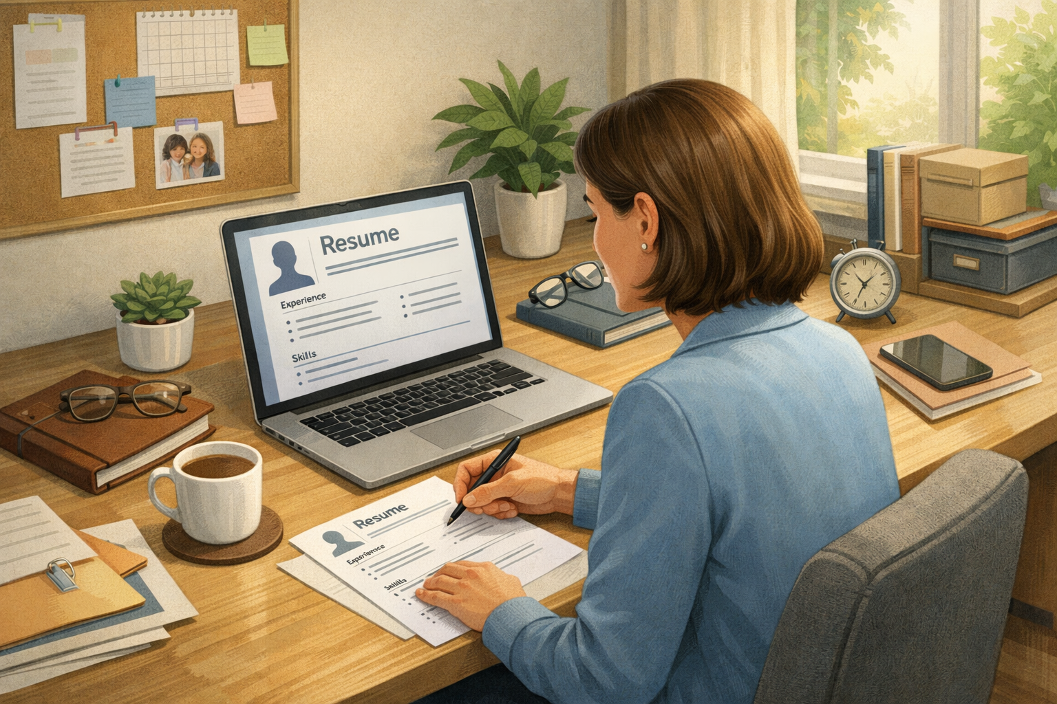 Illustration of a job seeker reviewing a resume at a desk, with a laptop, printed work history, and notes about skills and career gaps.