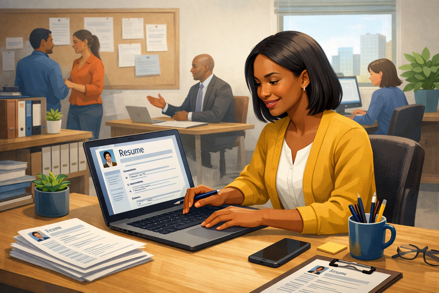 Job seeker reviewing a resume beside workforce-program notes and labor-market reports at a desk.