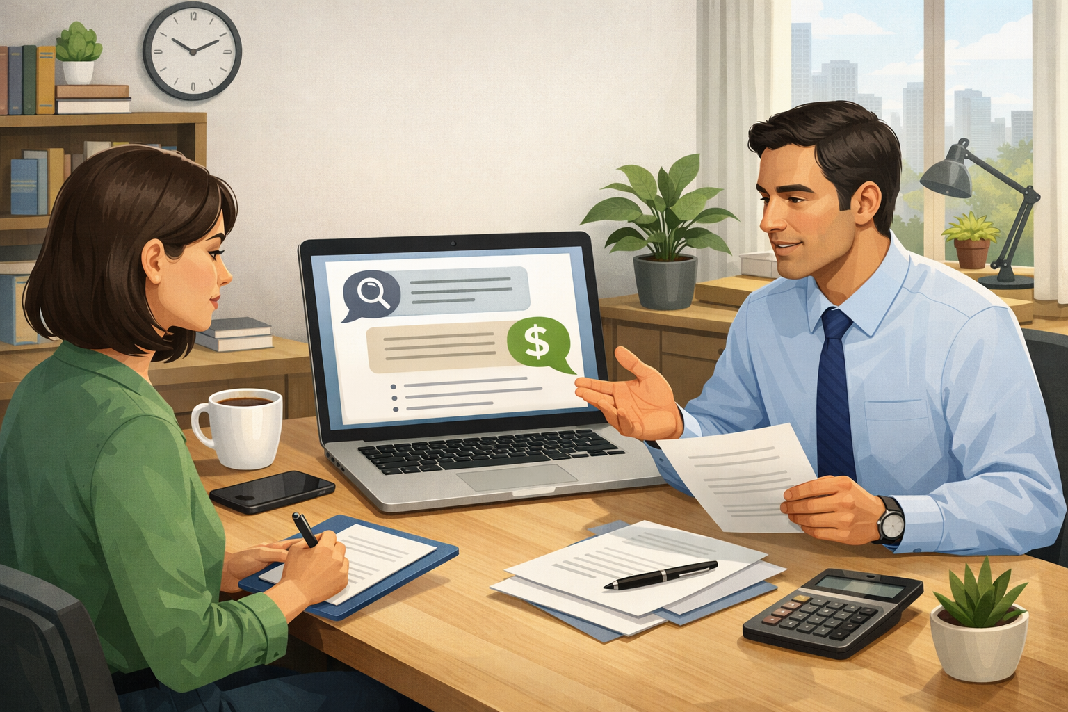A job seeker practicing a salary negotiation script with compensation research at a workspace.