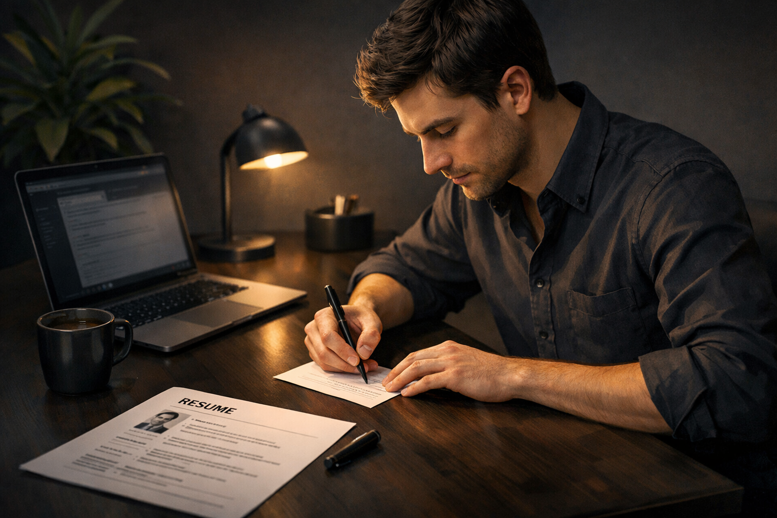 Job seeker writing a short cover letter at a tidy desk